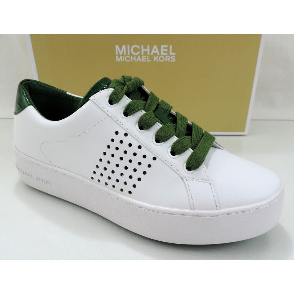 Michael Kors Poppy Lace Up Platform Sneaker Leather Optic White / Green - Picture 3 of 8
